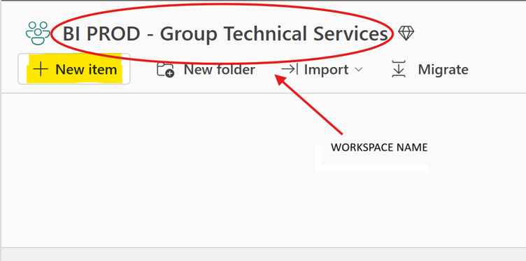 Microsoft Fabric workspace with the New item button selected to create a lakehouse.