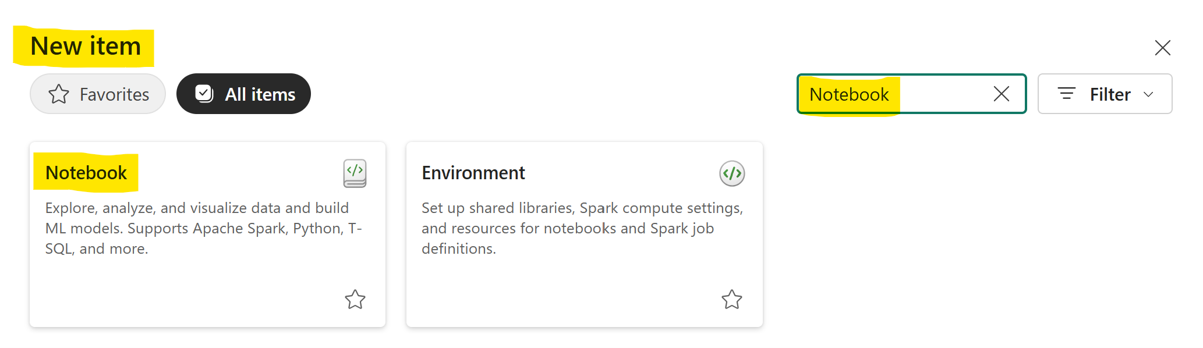 Fabric New item search showing the Notebook option for the Silver layer