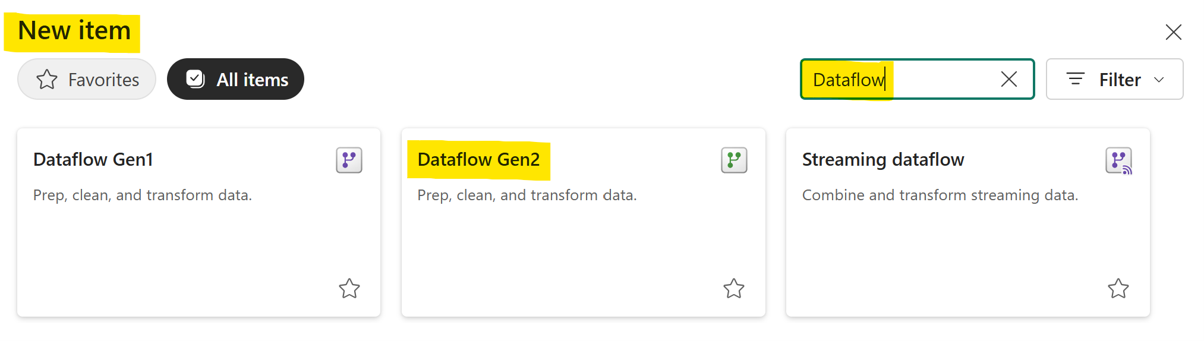 Fabric New item search showing the Dataflow Gen2 option for the Silver layer transformation.