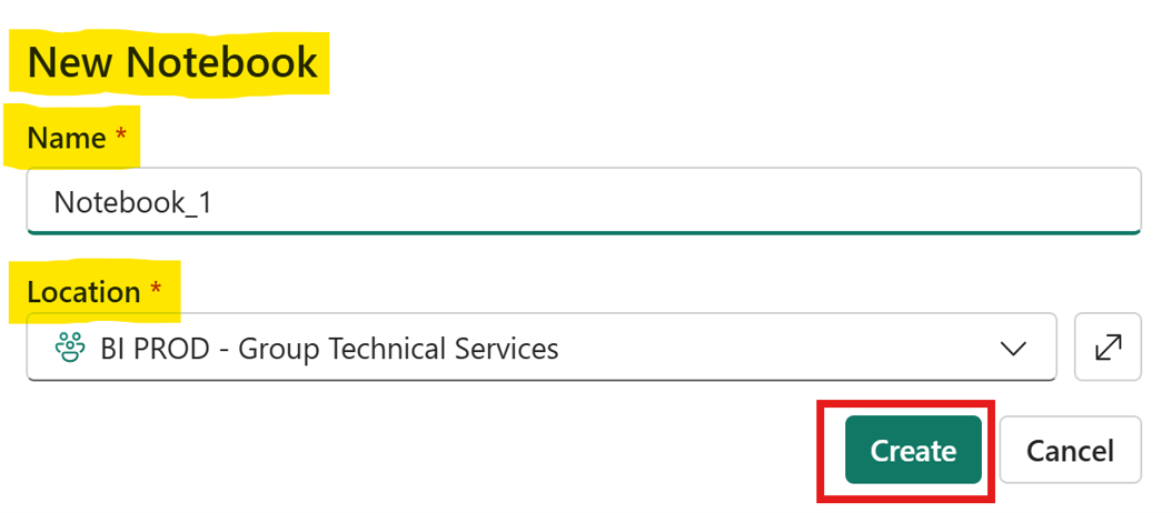 New notebook dialog with fields for the notebook name and save location.