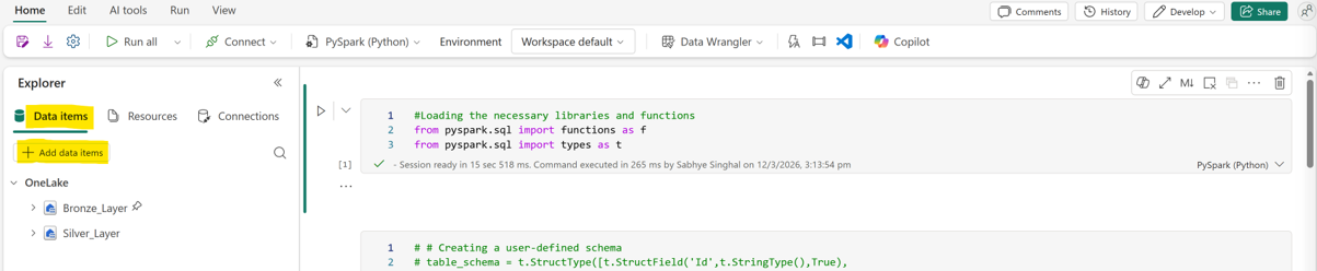 Fabric notebook editor with the Data items button selected to attach lakehouses.