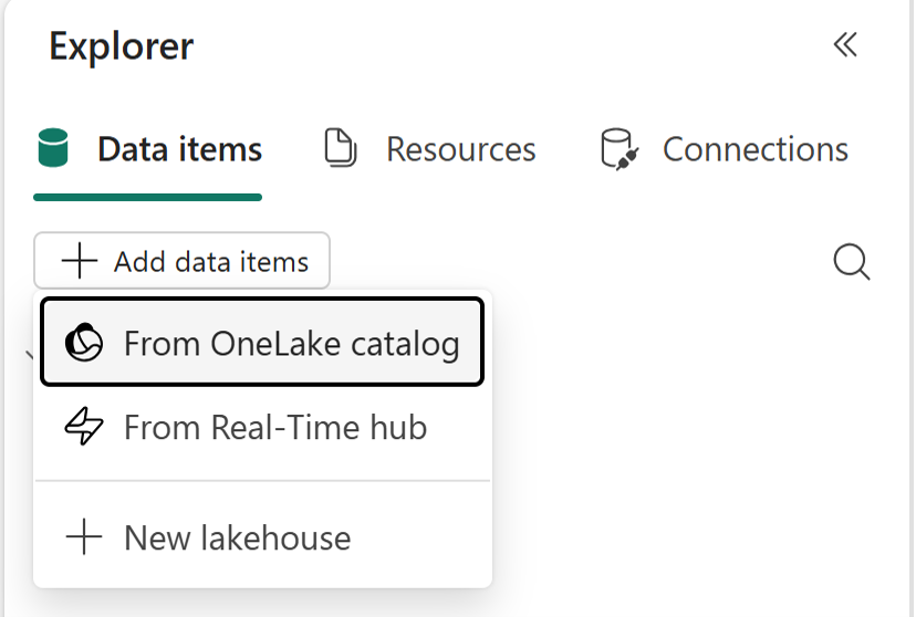 OneLake catalog dialog for selecting lakehouses to load into the notebook.