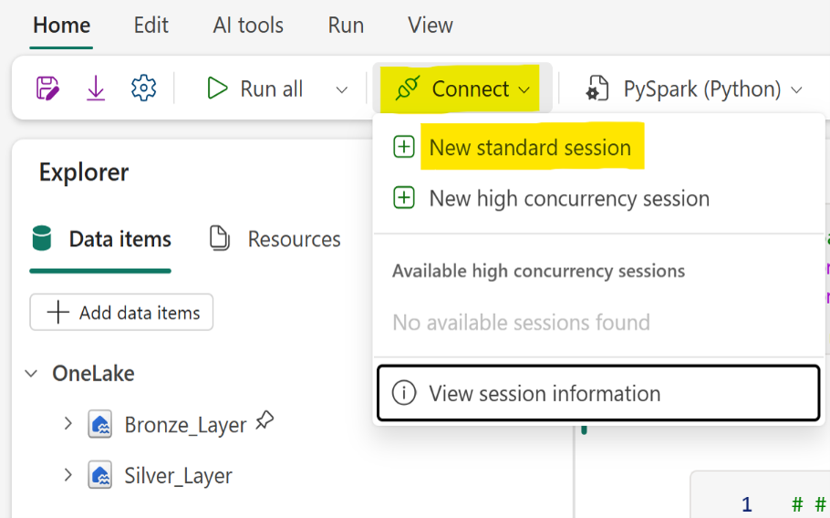Notebook with Bronze and Silver lakehouses attached and the New standard session connect option.