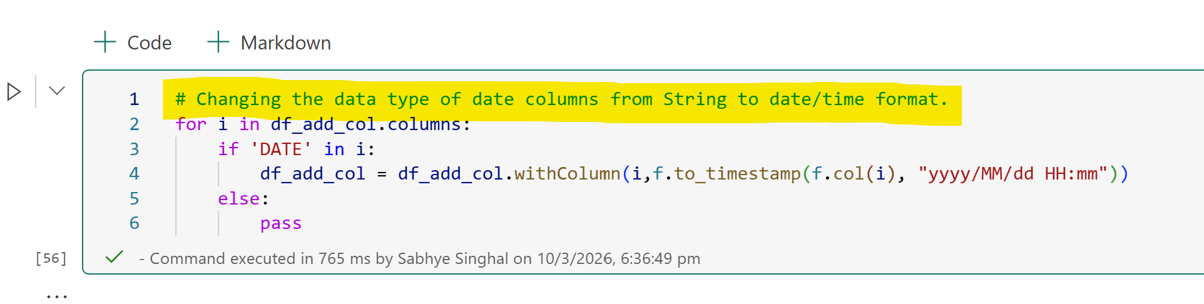 PySpark notebook cell looping through columns to convert date fields from string to timestamp format.
