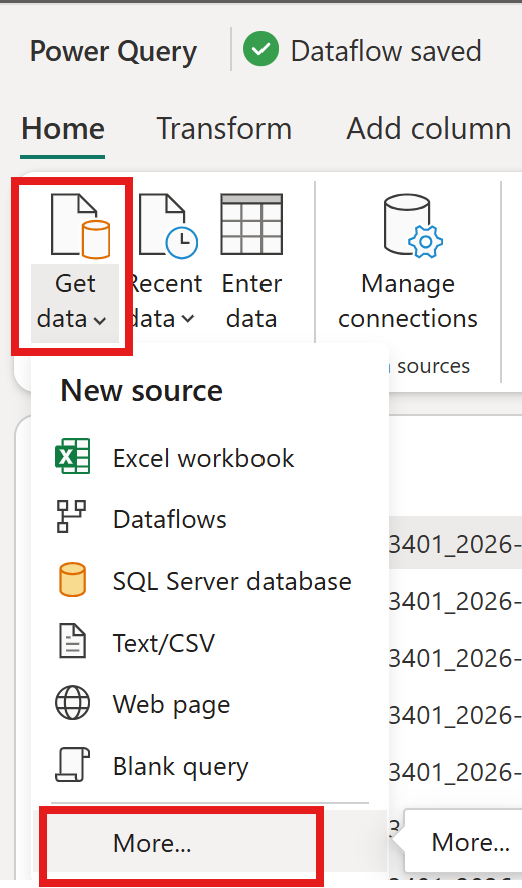 Dataflow Gen2 Get data screen with the More option selected.