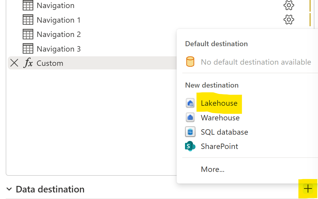 Dataflow Gen2 data destination options with Lakehouse selected.