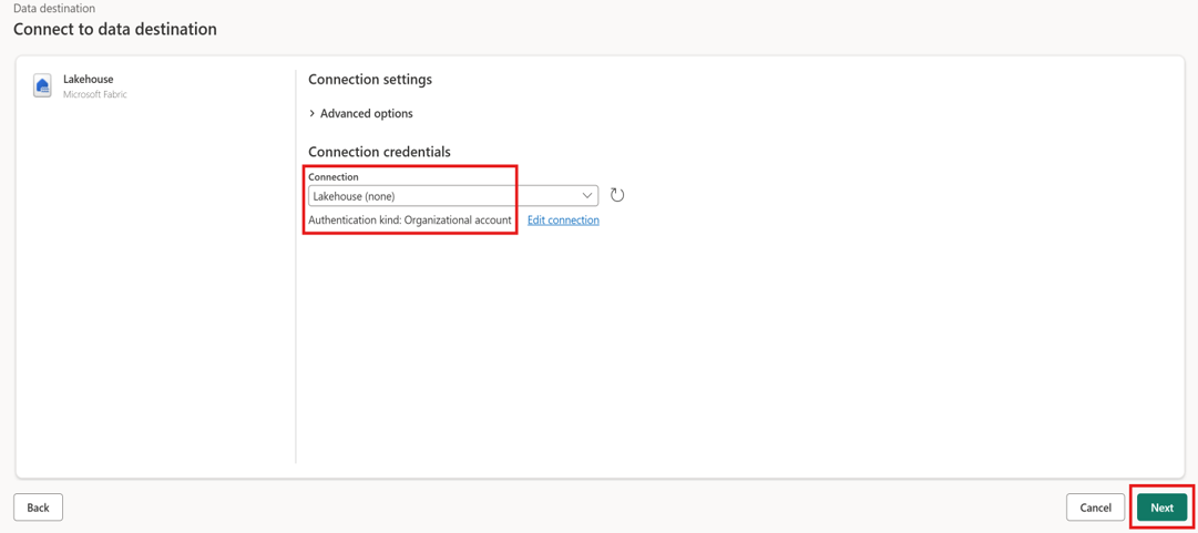 Dataflow Gen2 destination connection setup using existing lakehouse credentials.