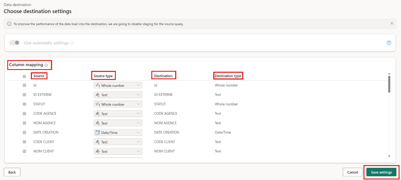 Dataflow Gen2 column-to-data-type mapping screen for the destination table.