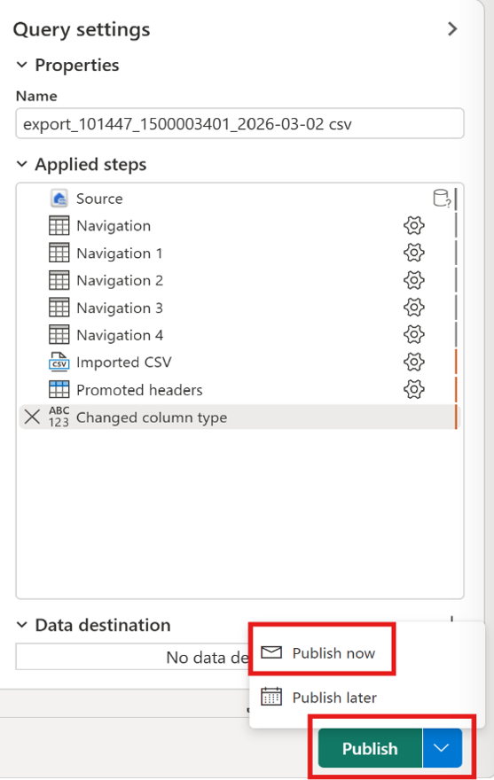 Dataflow Gen2 editor with the Publish button.