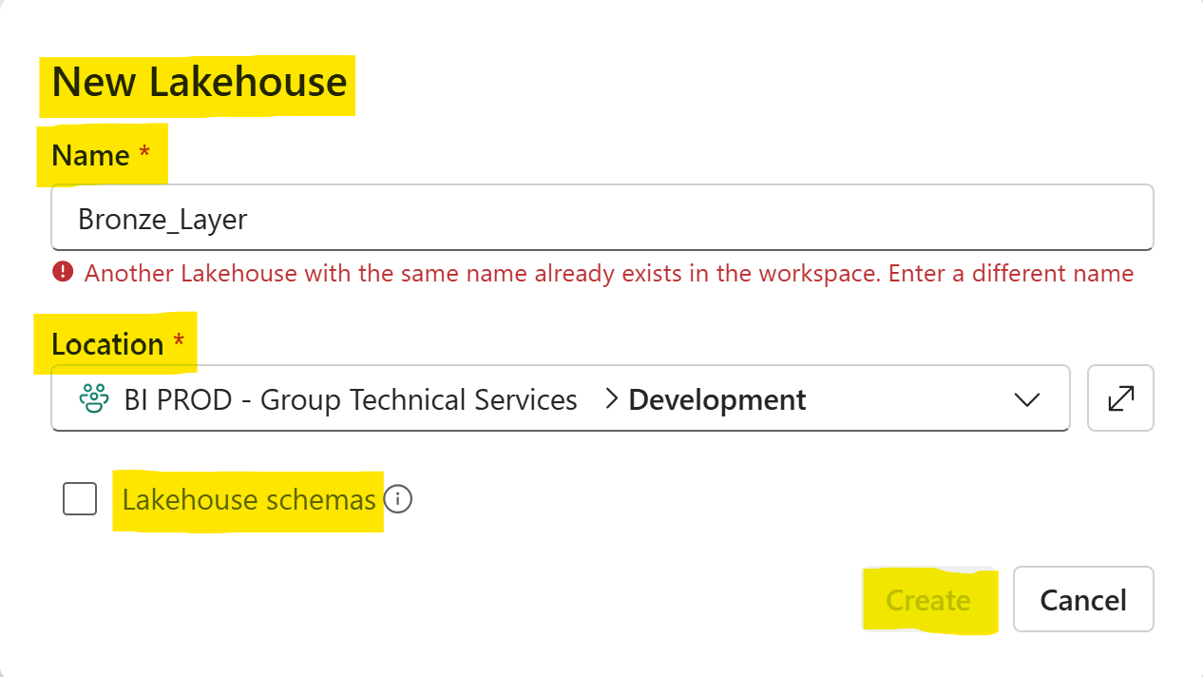 Create lakehouse dialog with the name set to Bronze Layer and the Lakehouse schemas option shown.