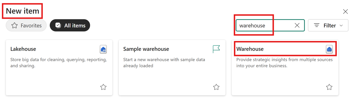 Fabric New item search showing the Warehouse option for the Gold layer.