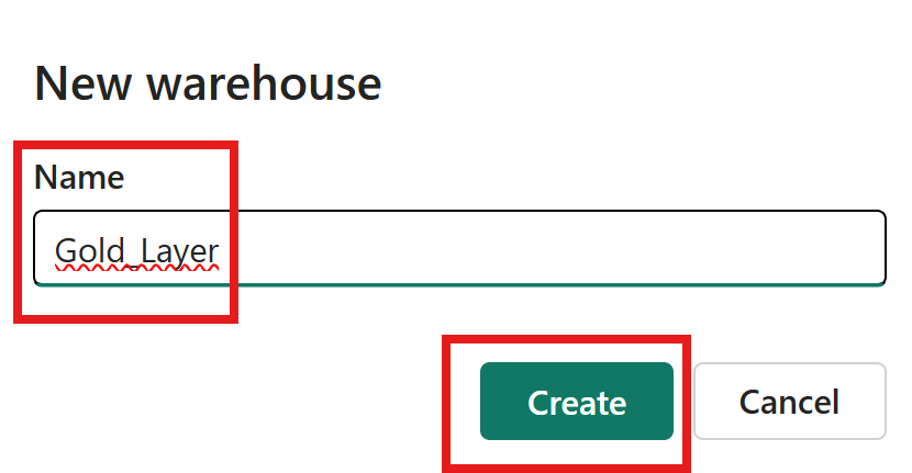 Create warehouse dialog with the name field and Create button.