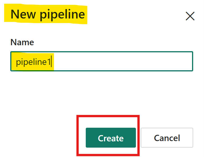 Create data pipeline dialog with the name field and Create button.
