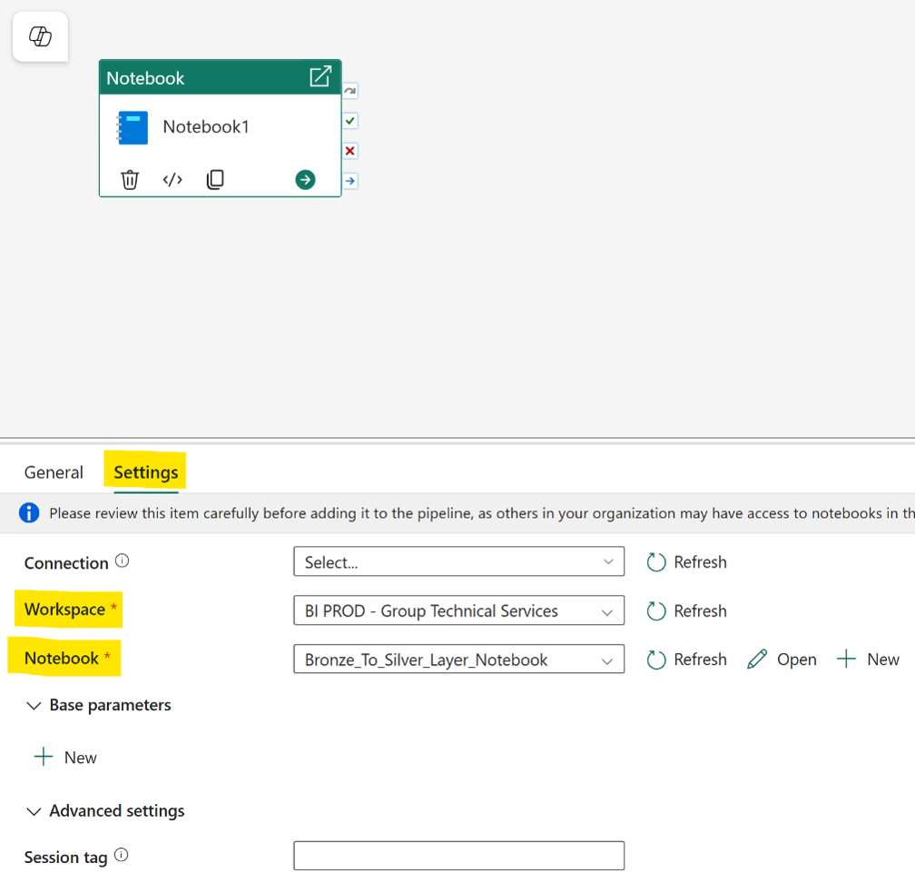 Notebook activity Settings tab with the workspace and notebook to schedule selected.