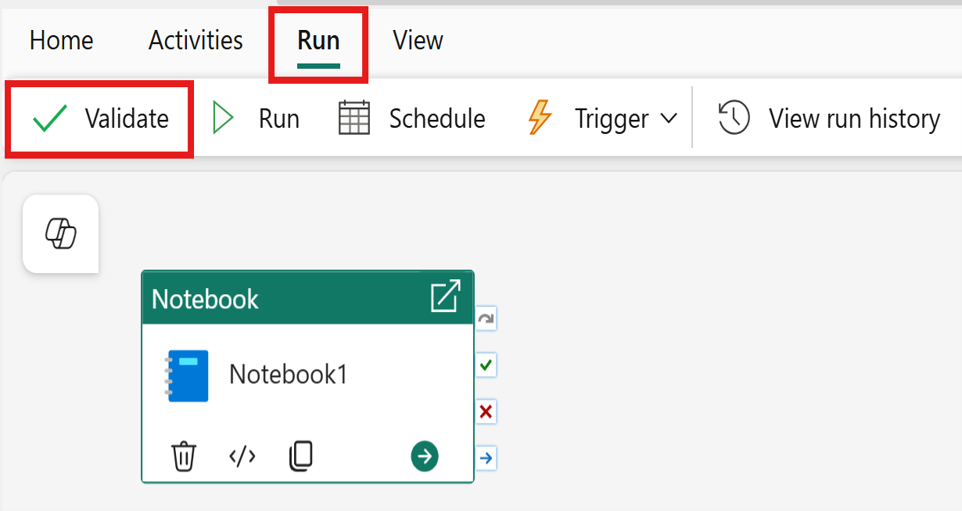 Pipeline Run tab with the Validate button to check activities for errors.