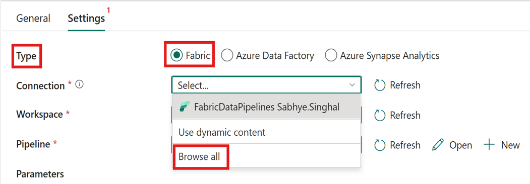 Invoke pipeline Settings with type set to Fabric and the Browse all connection option.