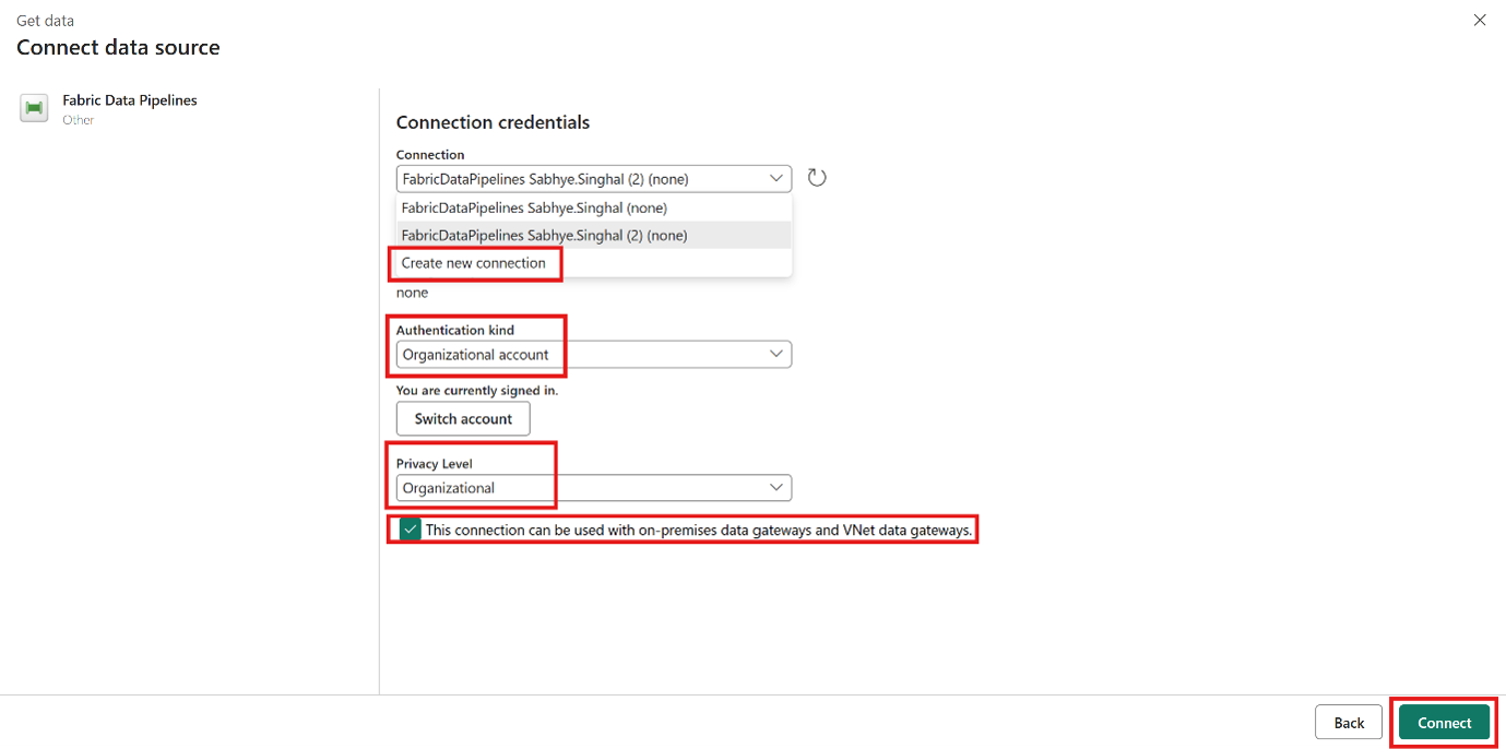New connection dialog for the Fabric data pipeline with the Connect button.