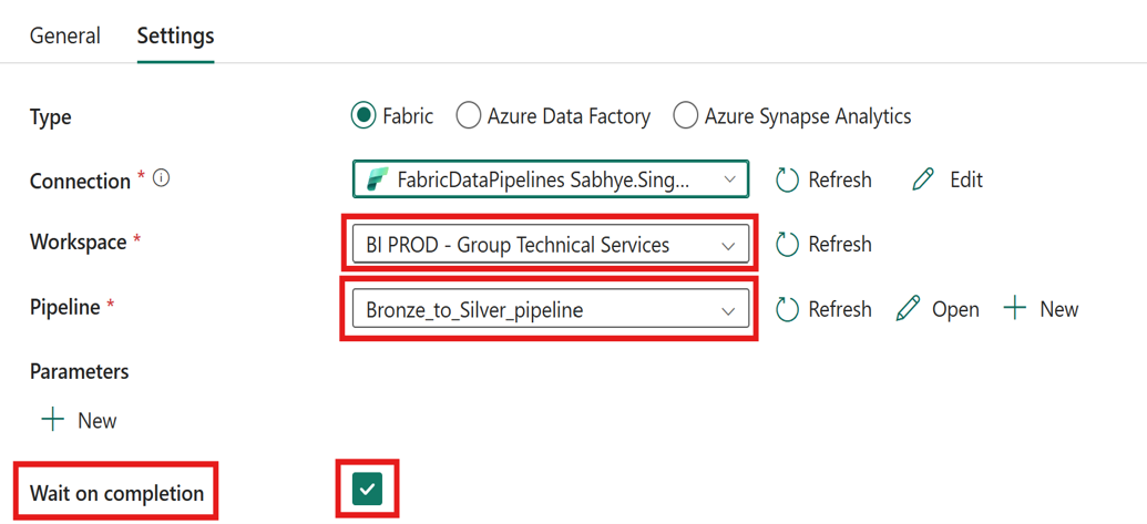 Invoke pipeline settings with the bronze_to_silver pipeline selected and Wait on completion checked.