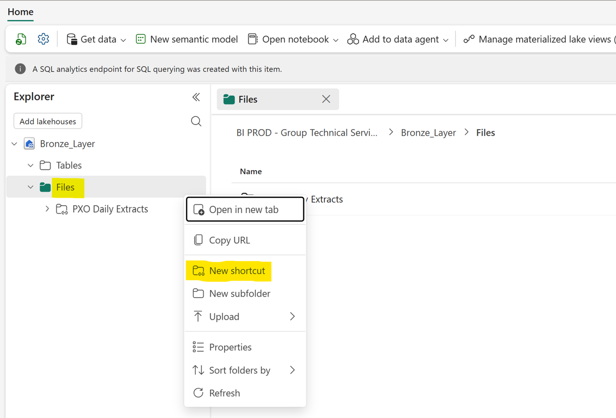 New shortcut data source screen with a SharePoint folder selected as the source.