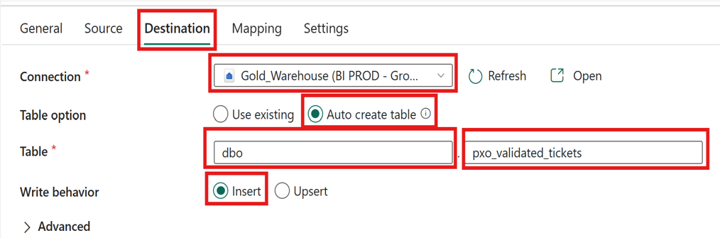 Copy data Destination settings with the Gold warehouse, Auto create table option and Insert write behaviour.