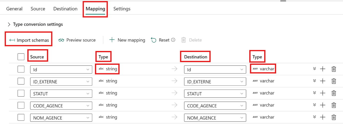 Copy data Mapping tab after importing schemas to map source and destination columns.