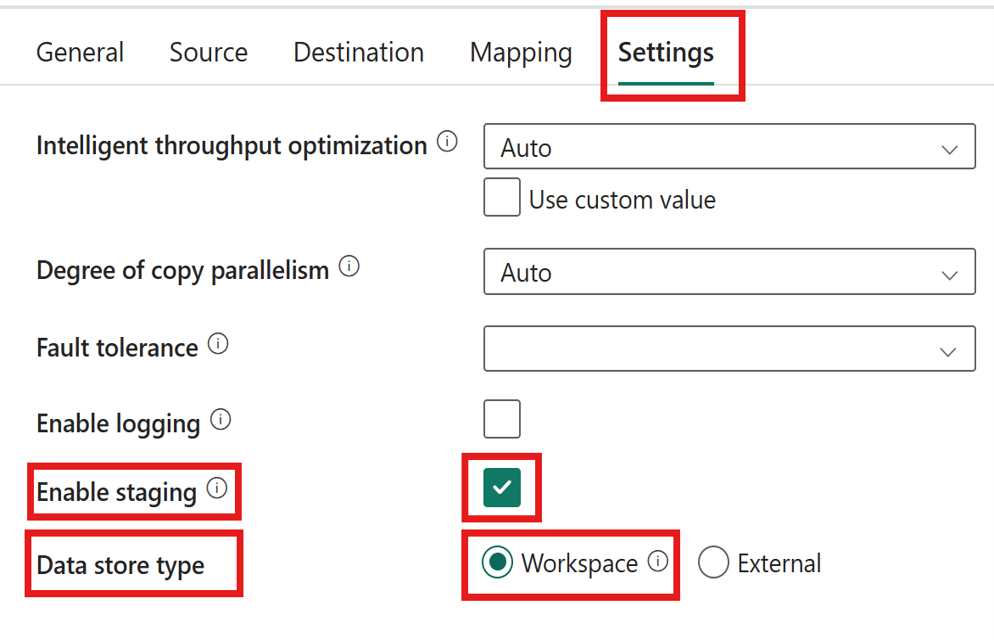 Copy data Settings tab with Enable staging on and data store type set to Workspace.