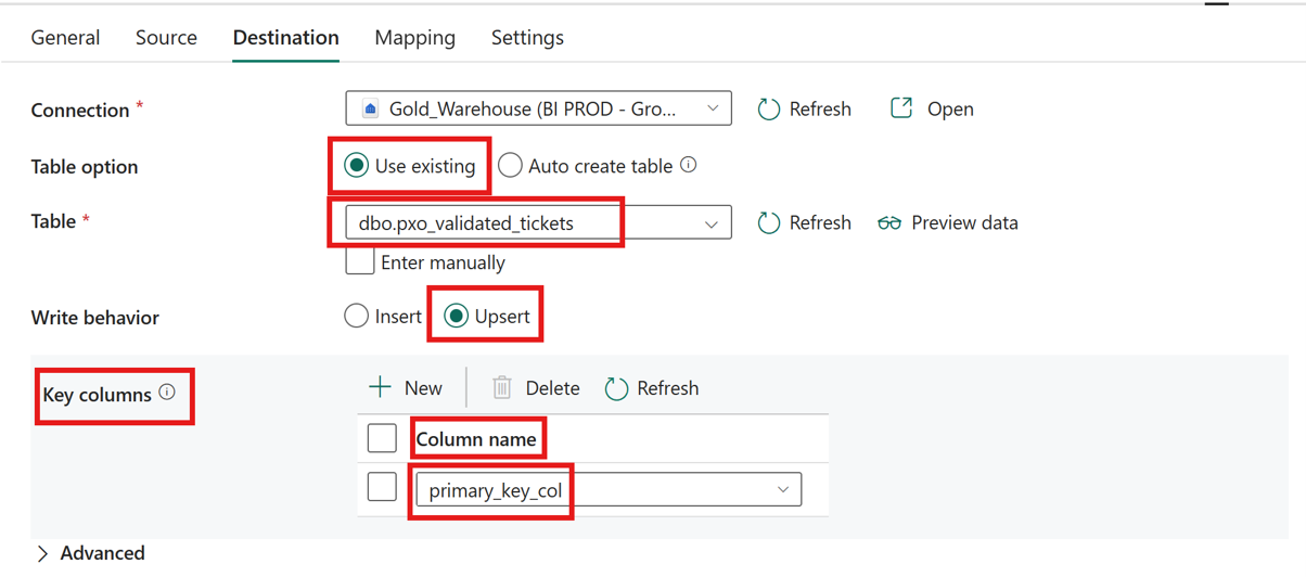 Copy data Destination updated to Use existing table with Upsert write behaviour and key columns selected.