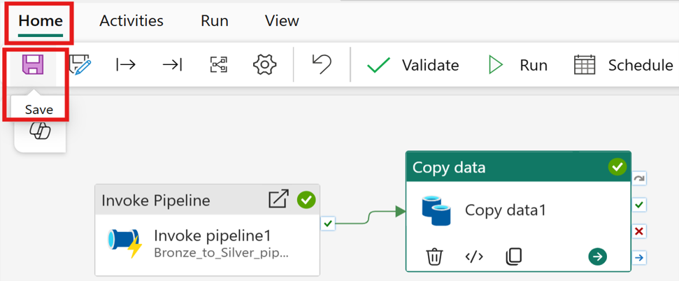 Pipeline Home tab with the Save button.