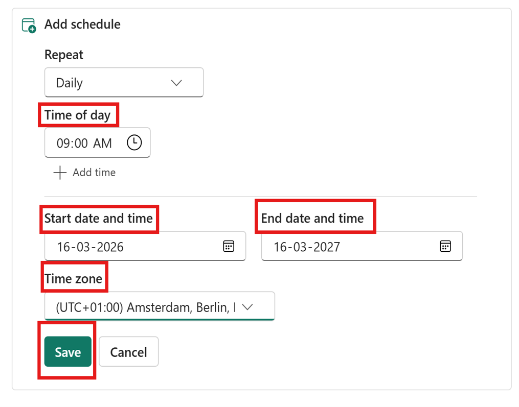 Schedule settings set to run daily, with time, start date, end date and time zone fields.