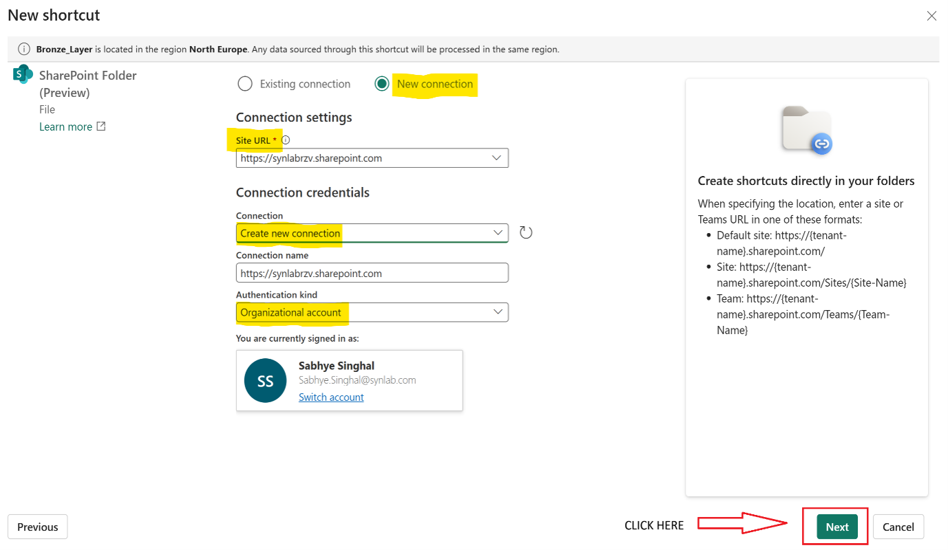 Shortcut connection setup with authentication kind set to Organizational account.