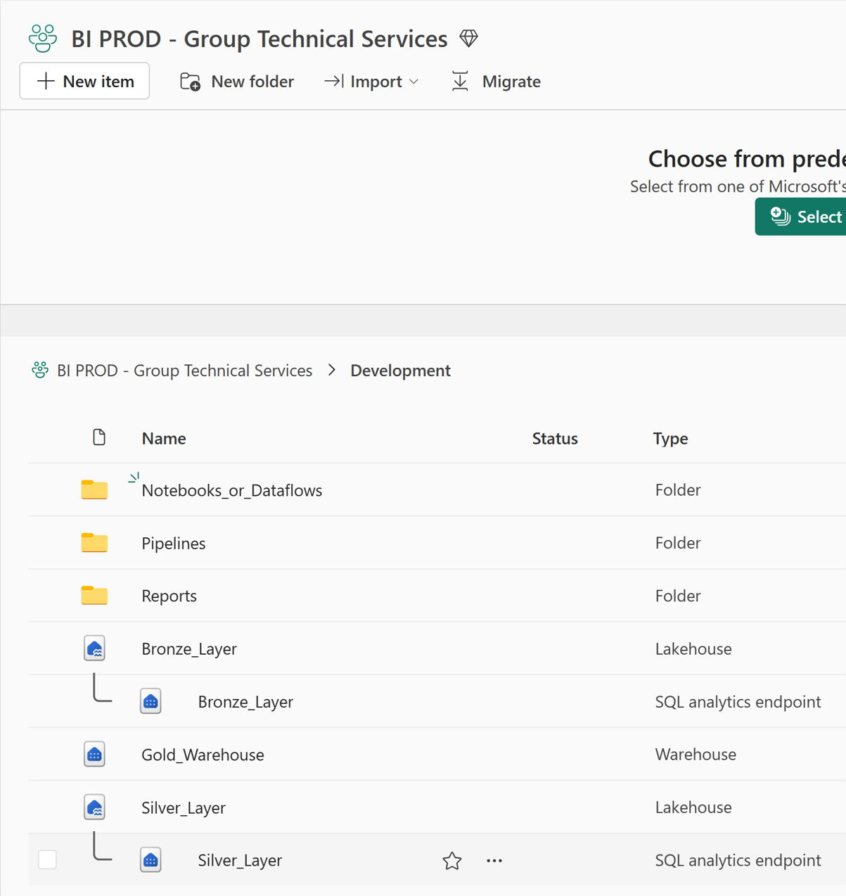 Development folder showing the Bronze and Silver lakehouses, Gold warehouse, and Notebooks, Pipelines and Reports subfolders.