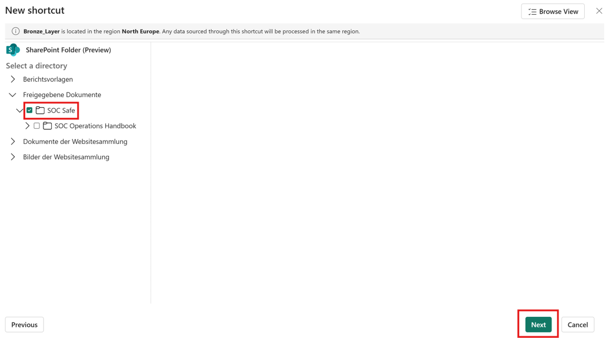 Shortcut wizard step for selecting the source directory to shortcut into the lakehouse.