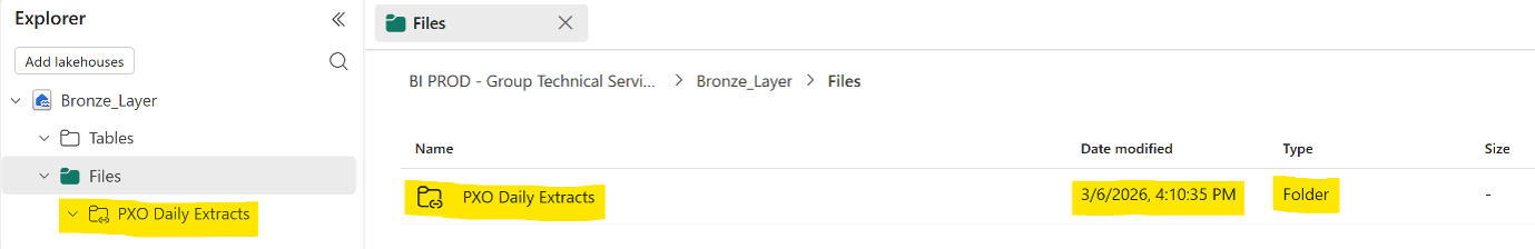 Bronze Layer lakehouse Files folder showing the newly created shortcut to the source directory.